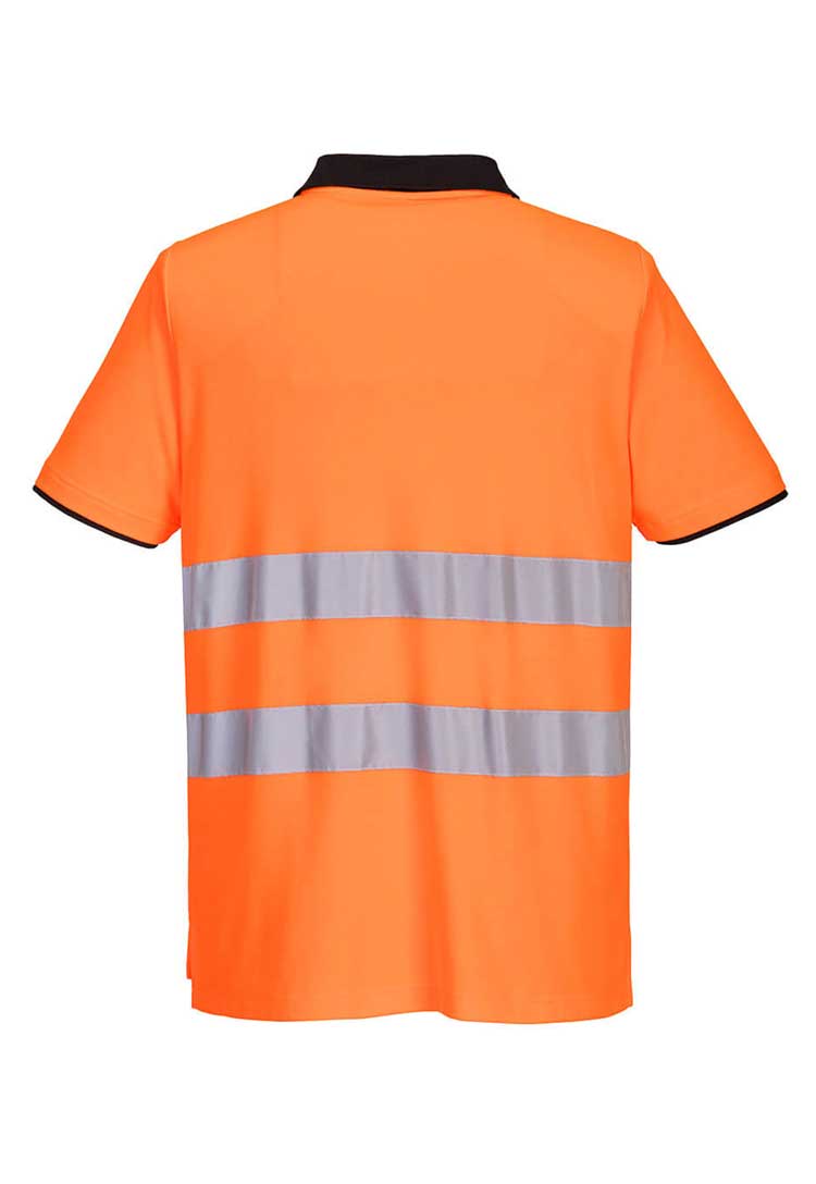 Back View of PW2 Hi-Vis Cotton Comfort Polo Shirt S/S PW212 in Orange/Black