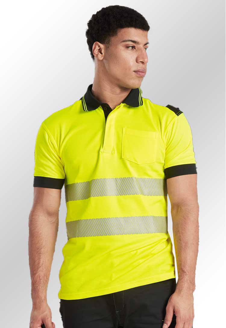 Model Wearing PW3 Hi-Vis Cotton Comfort Polo Shirt S/S T180 in Yellow/Black