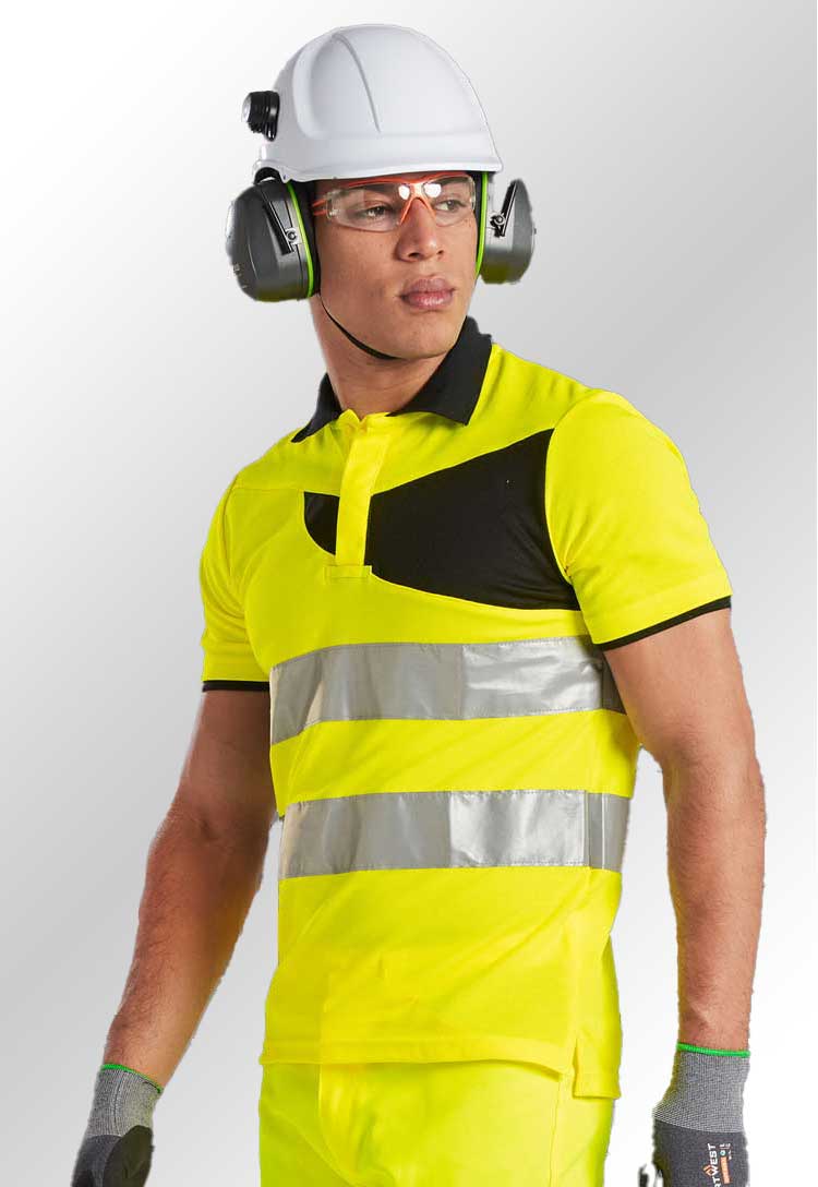 Model Wearing PW2 Hi-Vis Cotton Comfort Polo Shirt S/S PW212 in Yellow/Black