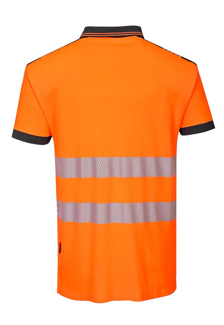 Back View of PW3 Hi-Vis Cotton Comfort Polo Shirt S/S T180 in Orange/Black