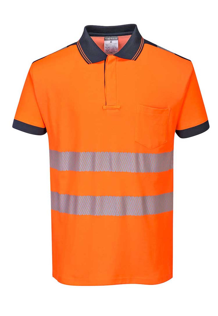 PW3 Hi-Vis Cotton Comfort Polo Shirt S/S T180 in Orange/Navy