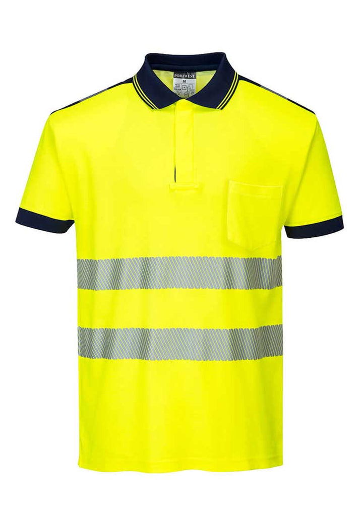 PW3 Hi-Vis Cotton Comfort Polo Shirt S/S T180 in Yellow/Navy